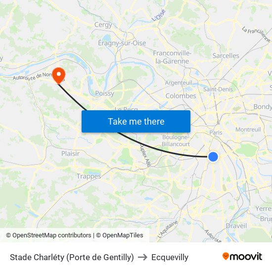 Stade Charléty (Porte de Gentilly) to Ecquevilly map