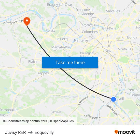 Juvisy RER to Ecquevilly map