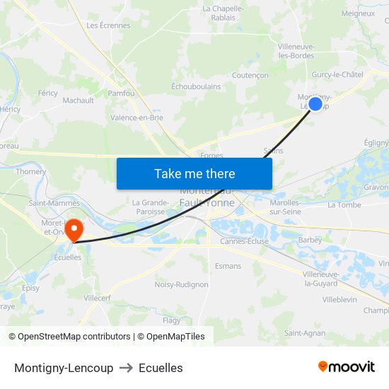 Montigny-Lencoup to Ecuelles map