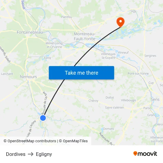 Dordives to Egligny map