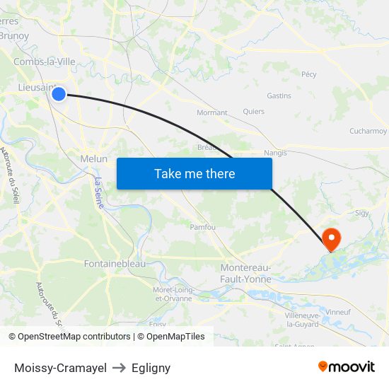 Moissy-Cramayel to Egligny map