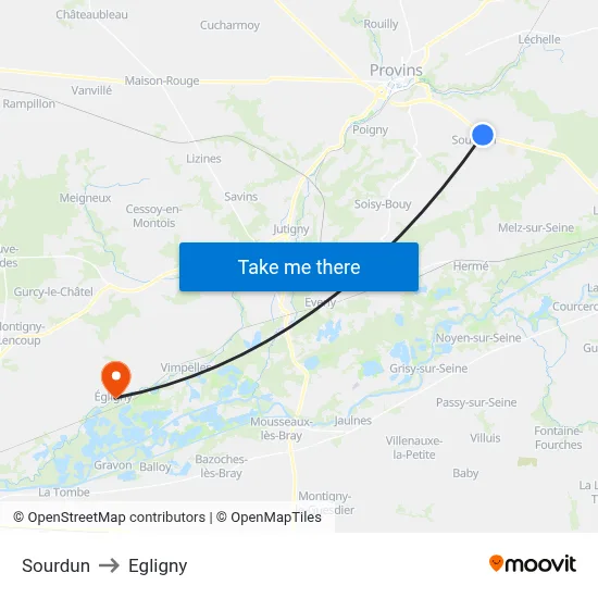Sourdun to Egligny map