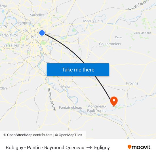 Bobigny - Pantin - Raymond Queneau to Egligny map