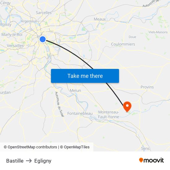 Bastille to Egligny map
