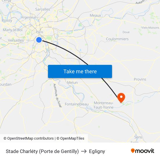 Stade Charléty (Porte de Gentilly) to Egligny map