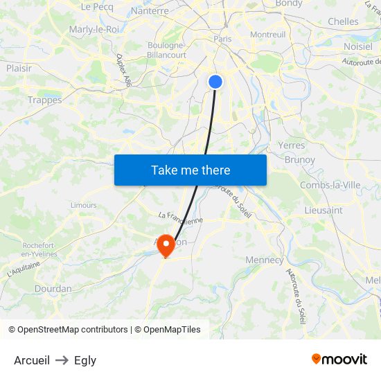 Arcueil to Egly map