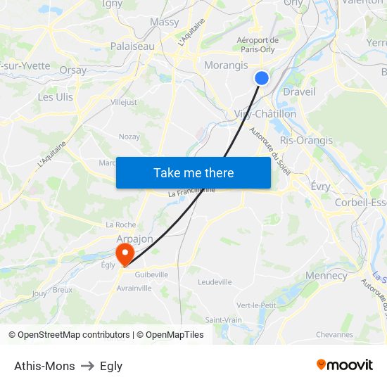 Athis-Mons to Egly map