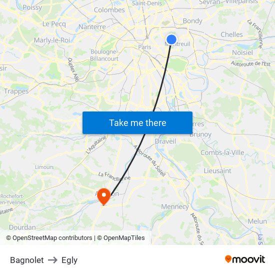 Bagnolet to Egly map