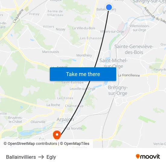 Ballainvilliers to Egly map