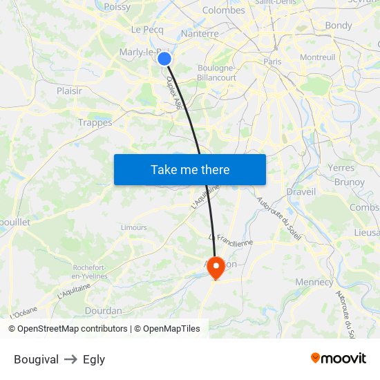 Bougival to Egly map