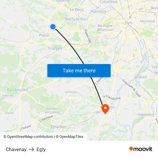 Chavenay to Egly map