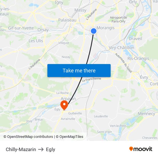 Chilly-Mazarin to Egly map