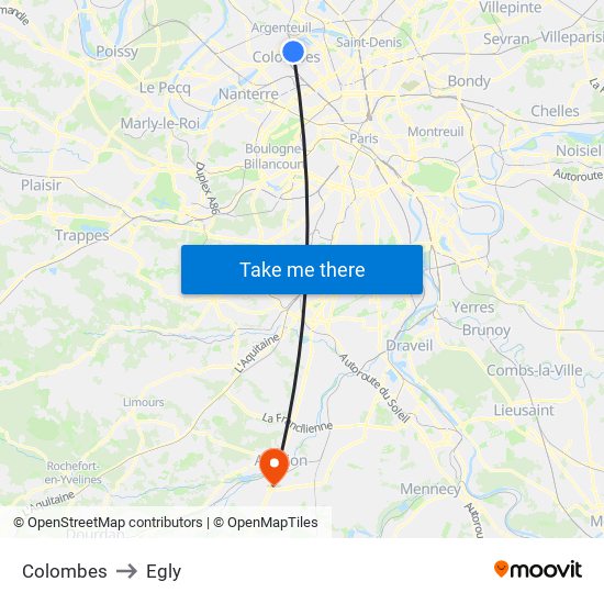 Colombes to Egly map
