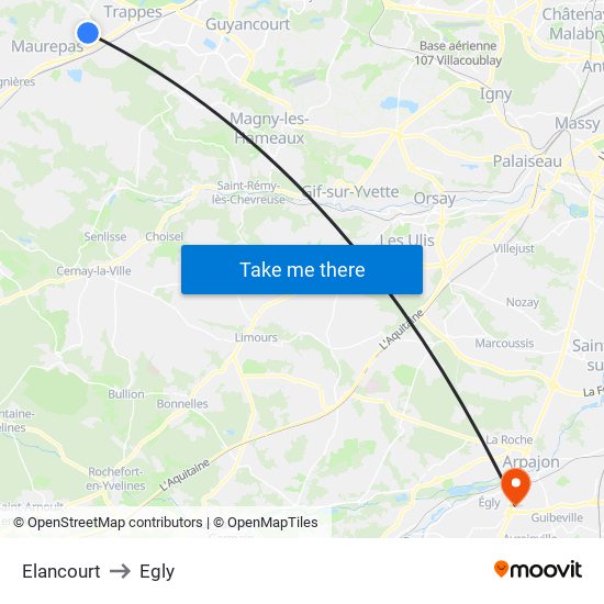 Elancourt to Egly map