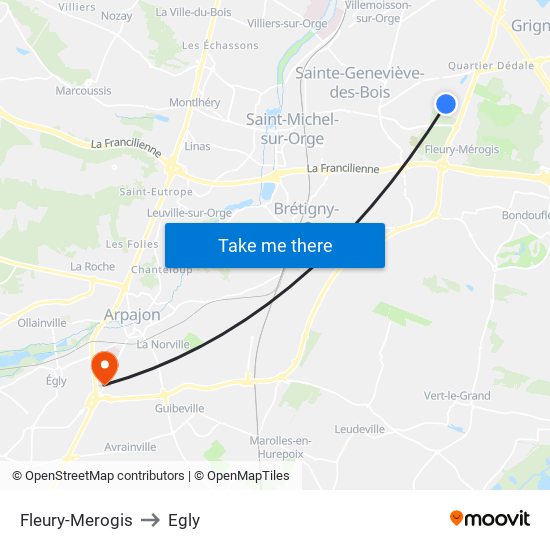 Fleury-Merogis to Egly map