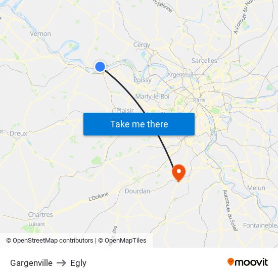 Gargenville to Egly map