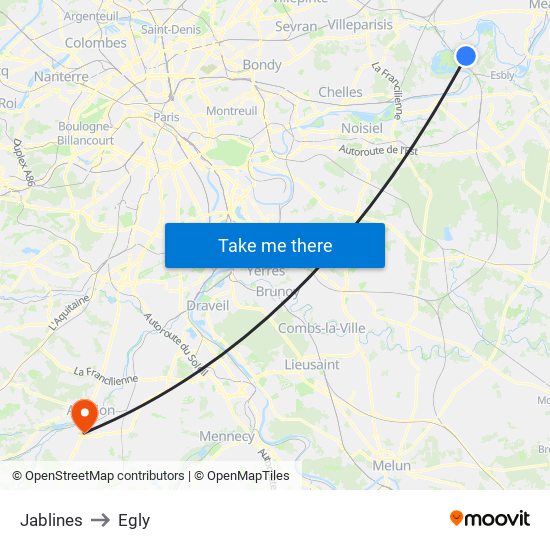 Jablines to Egly map