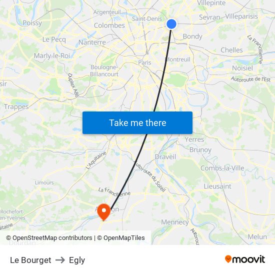 Le Bourget to Egly map