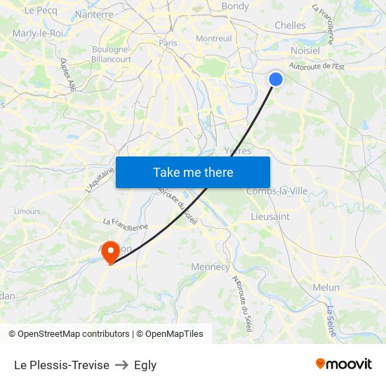Le Plessis-Trevise to Egly map