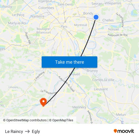 Le Raincy to Egly map
