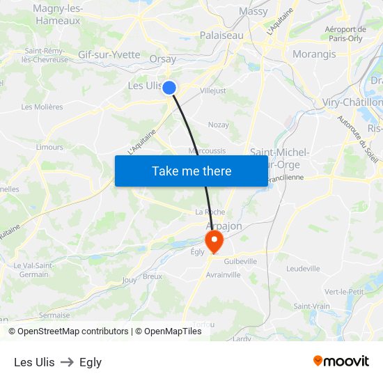 Les Ulis to Egly map