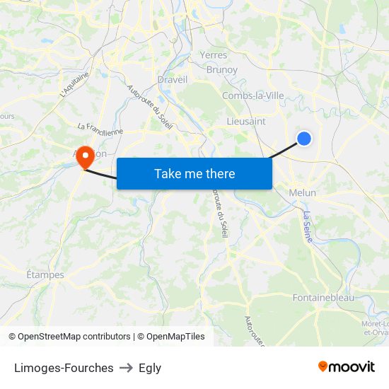 Limoges-Fourches to Egly map