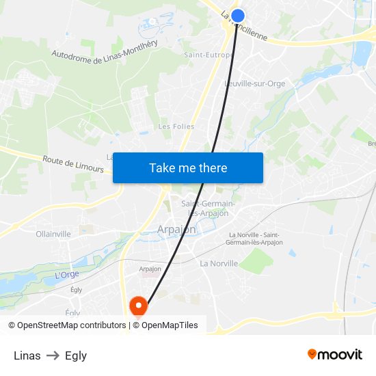 Linas to Egly map