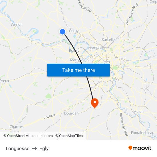 Longuesse to Egly map