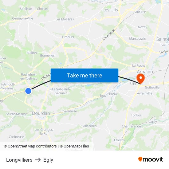 Longvilliers to Egly map