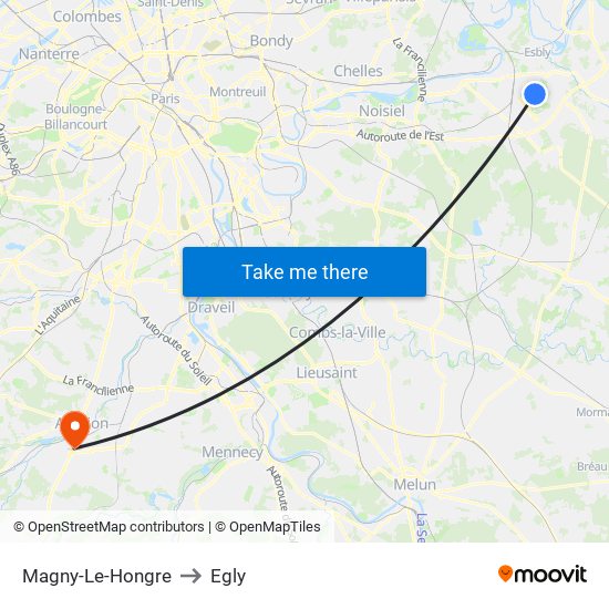 Magny-Le-Hongre to Egly map