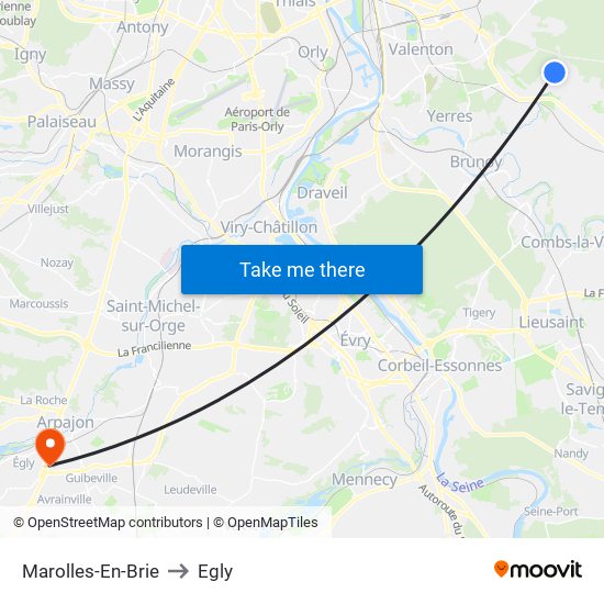 Marolles-En-Brie to Egly map