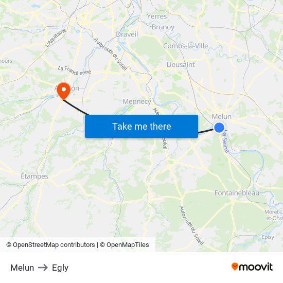 Melun to Egly map