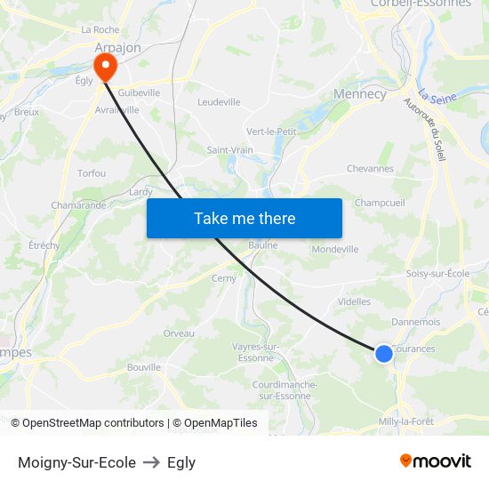 Moigny-Sur-Ecole to Egly map