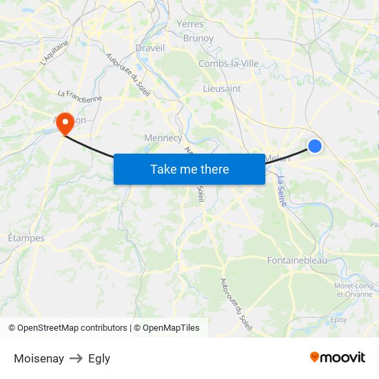 Moisenay to Egly map