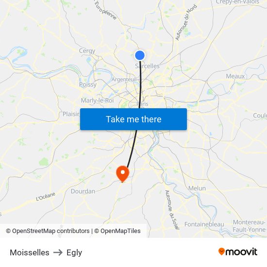 Moisselles to Egly map