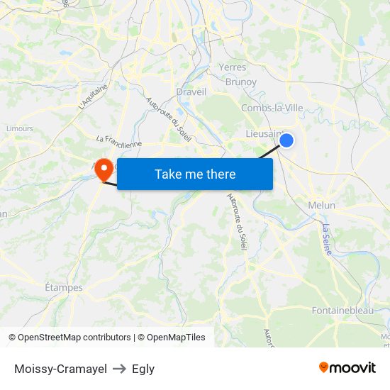 Moissy-Cramayel to Egly map