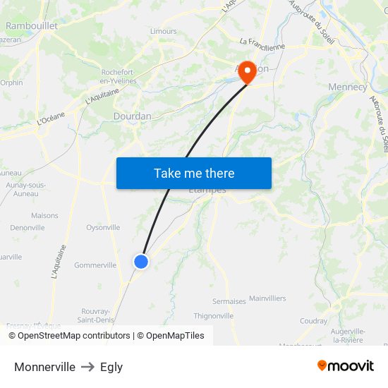 Monnerville to Egly map
