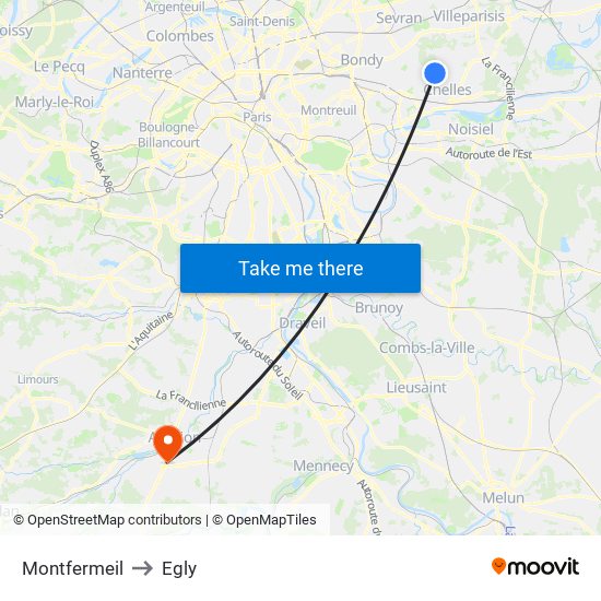 Montfermeil to Egly map
