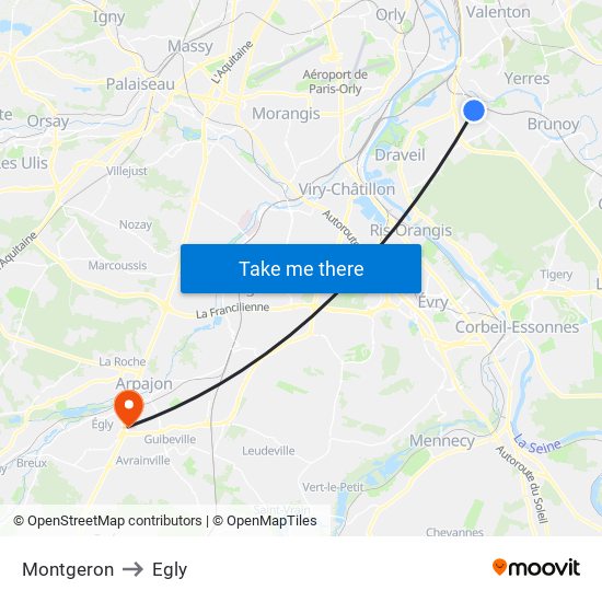 Montgeron to Egly map