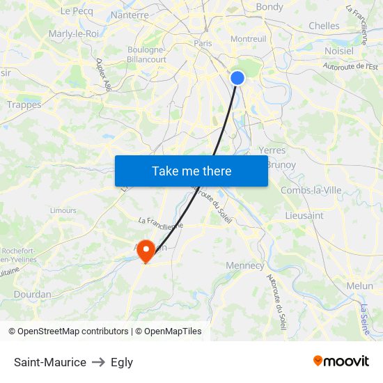 Saint-Maurice to Egly map