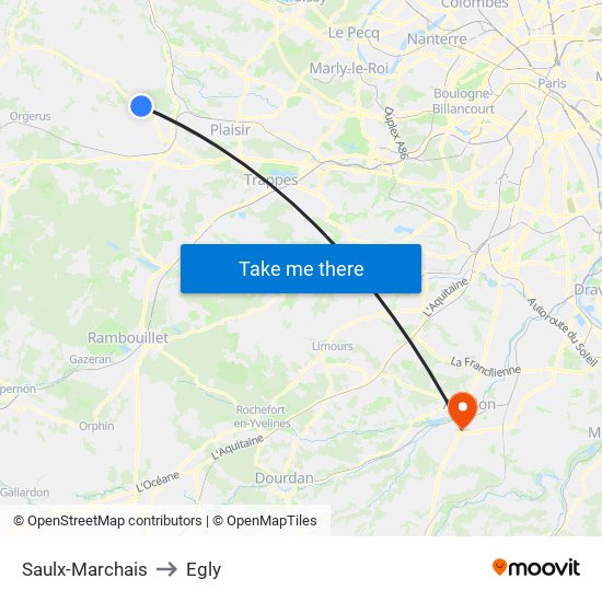 Saulx-Marchais to Egly map