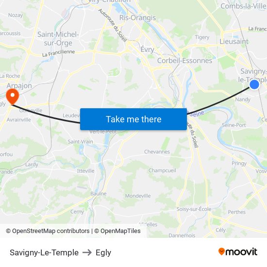 Savigny-Le-Temple to Egly map