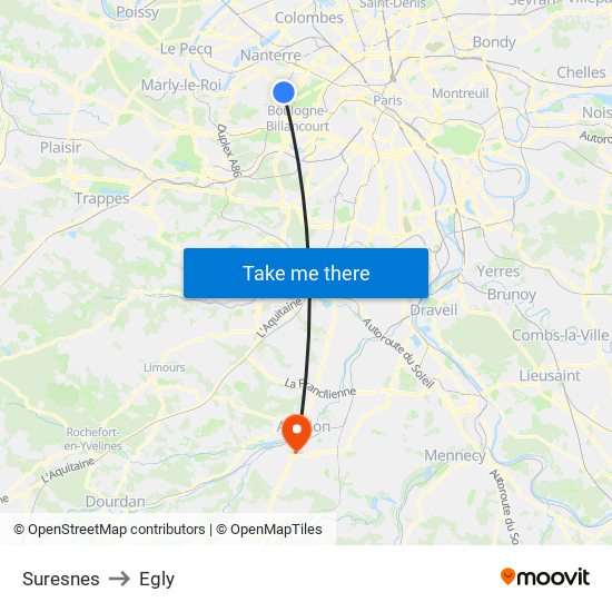 Suresnes to Egly map