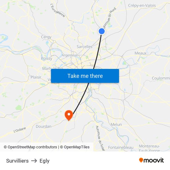 Survilliers to Egly map
