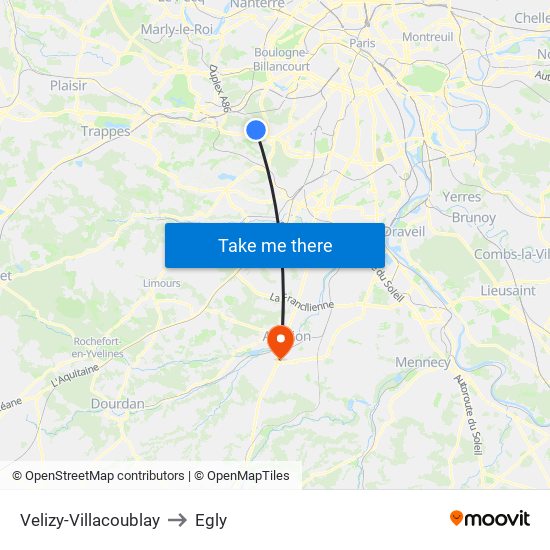 Velizy-Villacoublay to Egly map