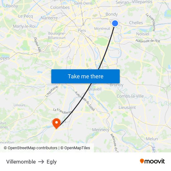 Villemomble to Egly map