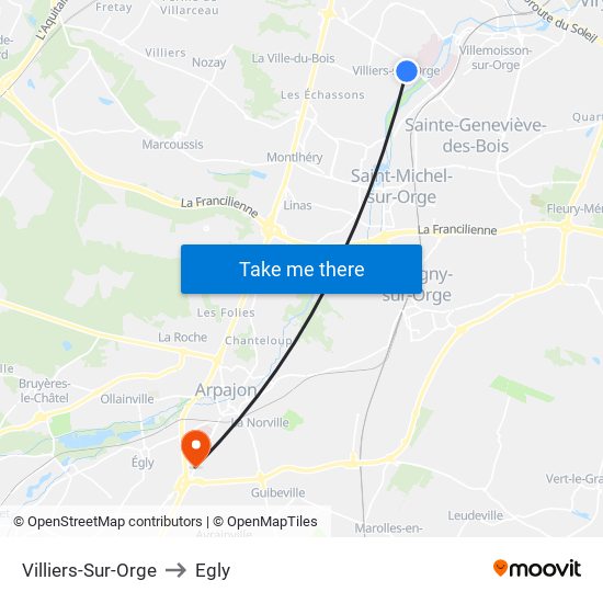 Villiers-Sur-Orge to Egly map