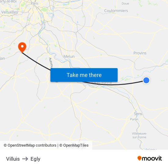 Villuis to Egly map