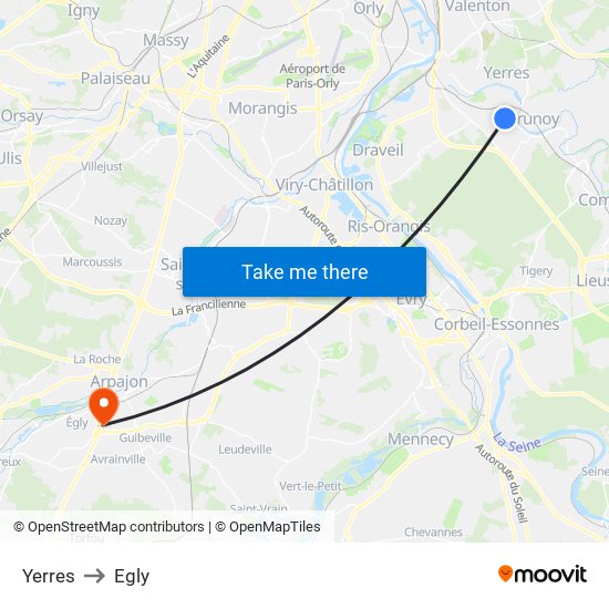 Yerres to Egly map