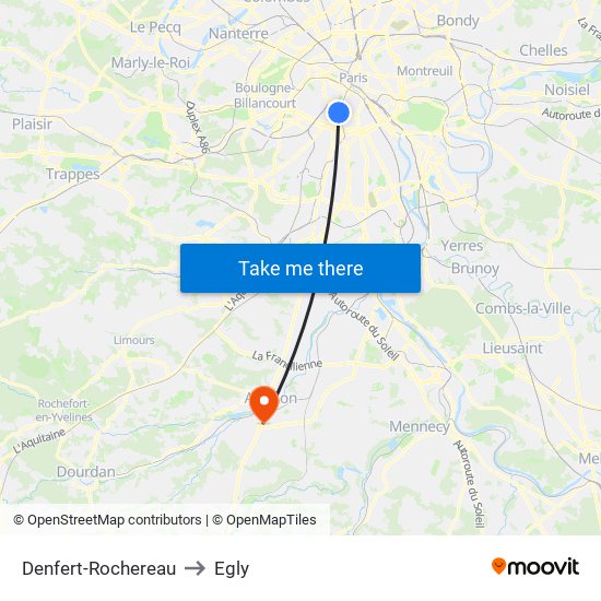 Denfert-Rochereau to Egly map